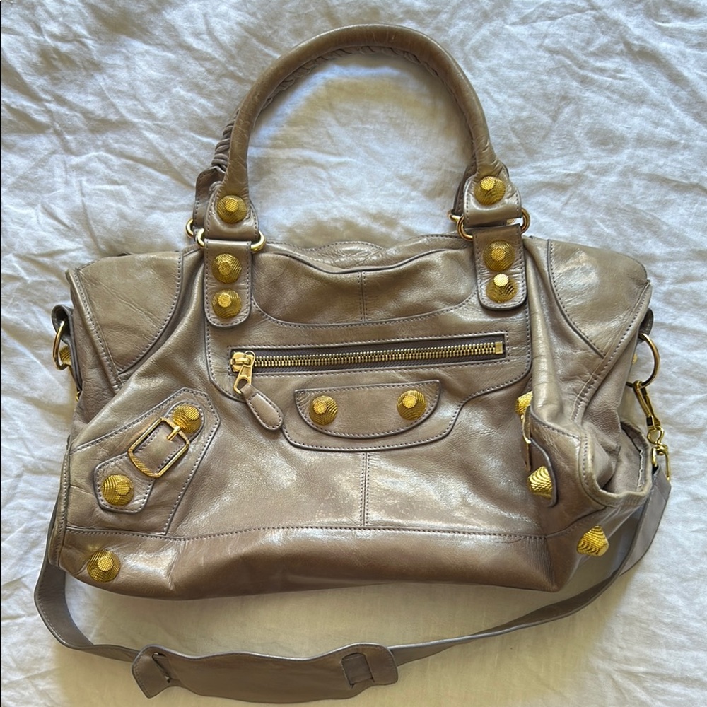 Balenciaga Tan and Gold Crossbody Bag with Iconic Details